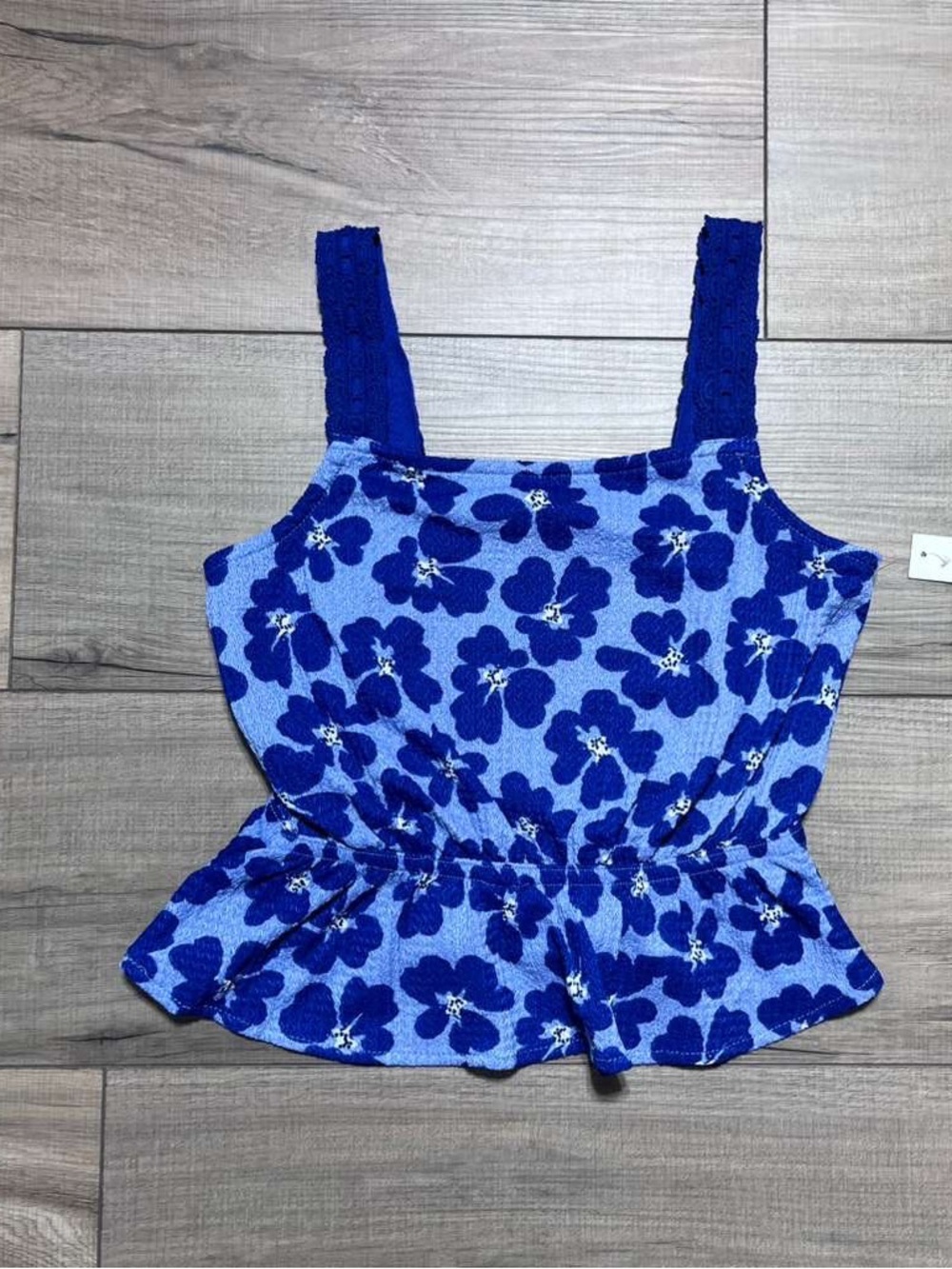 Kate‎ Mack Girls Smocked Back Floral Tank Top Size 10 Blue White Crochet Detail